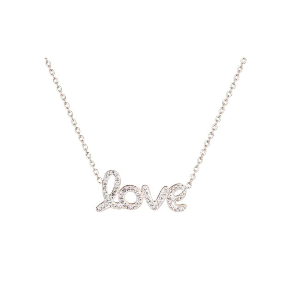 Love Rhinestones Chain Necklace Rose‎ Gold & White Stainless Steel & Rhinestone